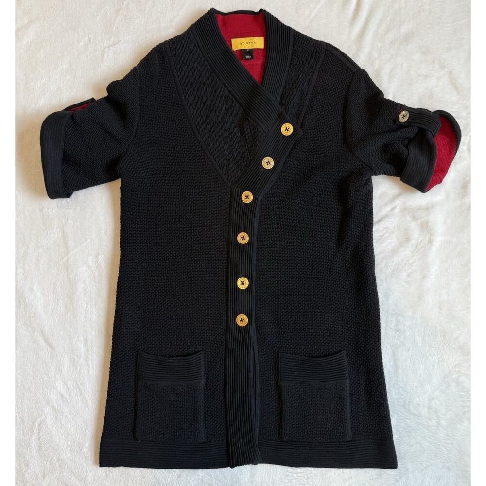 St John Black 100% Wool Short Sleeve Button Front Cardigan Sweater Women Size M
